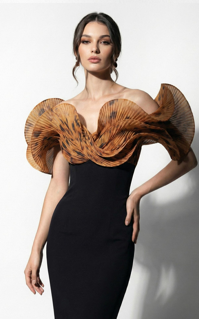 MNM Couture F03033 Tailored Organza Off-shoulder Fitted Gown