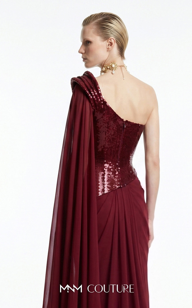 MNM Couture F03048 Asymmetrical Off-shoulder Drap Cape Gown