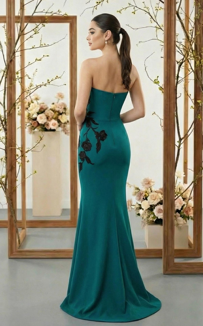 MNM Couture N0700 Crepe Satin Silk Embroidery Strapless Gown