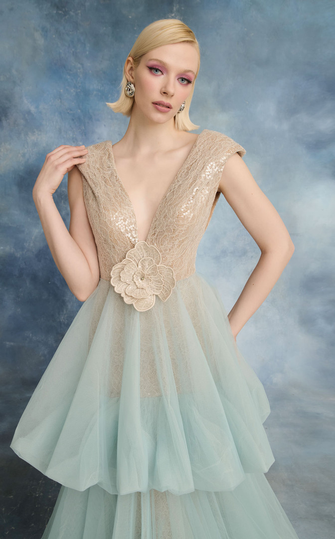 MNM Couture N0719 Tulle Skirt Lace Plunging V-neckline Gown