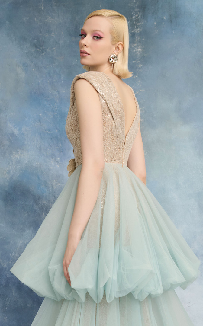 MNM Couture N0719 Tulle Skirt Lace Plunging V-neckline Gown