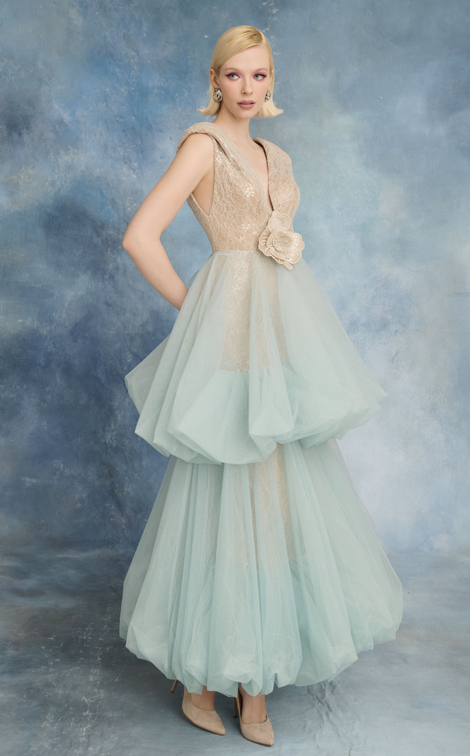 MNM Couture N0719 Tulle Skirt Lace Plunging V-neckline Gown