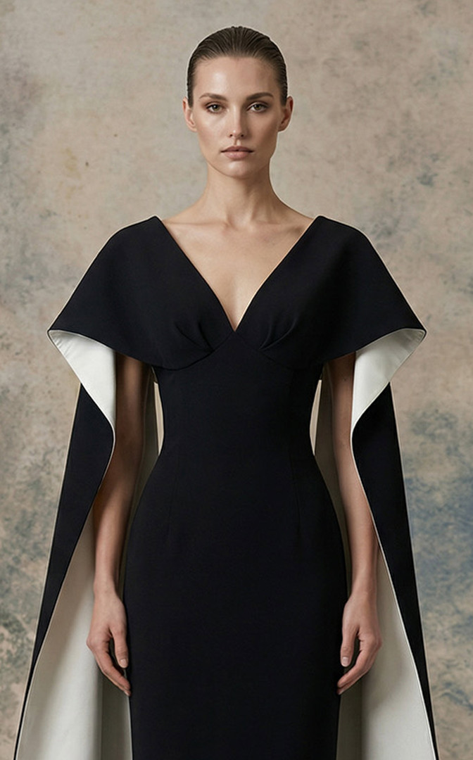 MNM Couture N0746 Crepe V-neck Structured Cape Sleeves Gown
