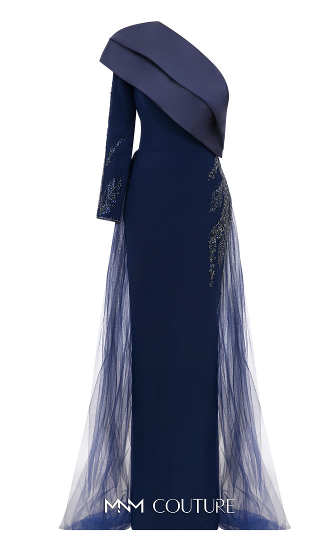 MNM Couture B1125 Floral Embellishment Asymmetric Neck Gown