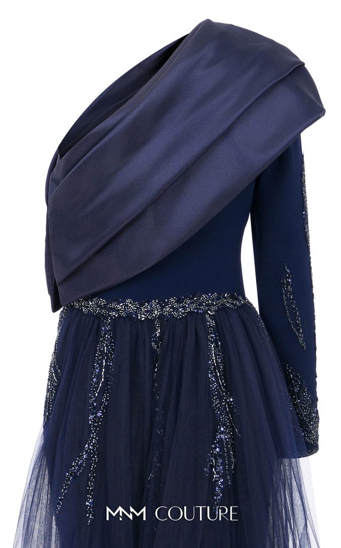 MNM Couture B1125 Floral Embellishment Asymmetric Neck Gown