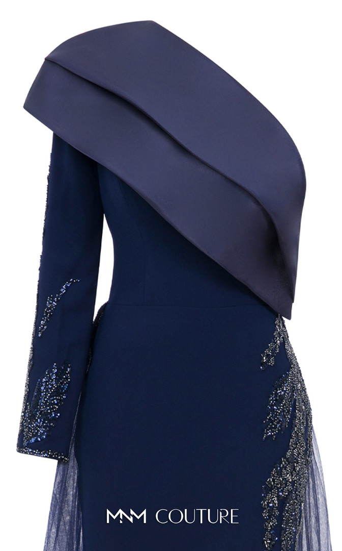 MNM Couture B1125 Floral Embellishment Asymmetric Neck Gown