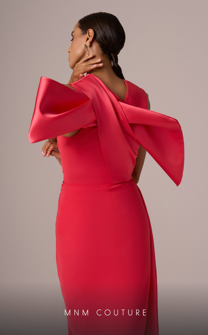 MNM Couture E0081 Satin High Neck Sleeveless Drap Bow Gown