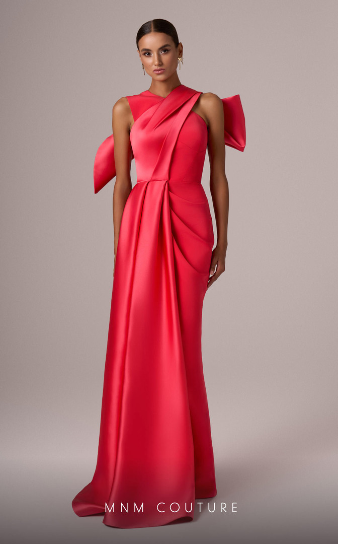 MNM Couture E0081 Satin High Neck Sleeveless Drap Bow Gown