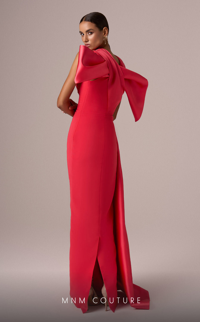 MNM Couture E0081 Satin High Neck Sleeveless Drap Bow Gown