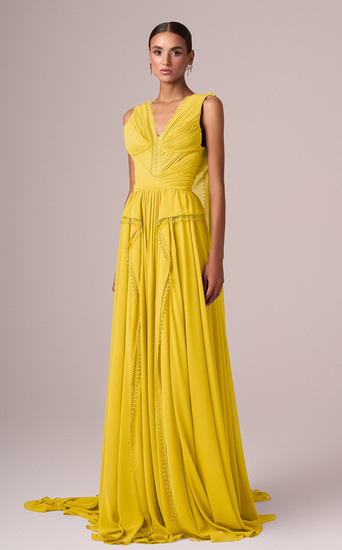 MNM Couture E0086 Chiffon V-Neck Sleeveless Pleating Gown