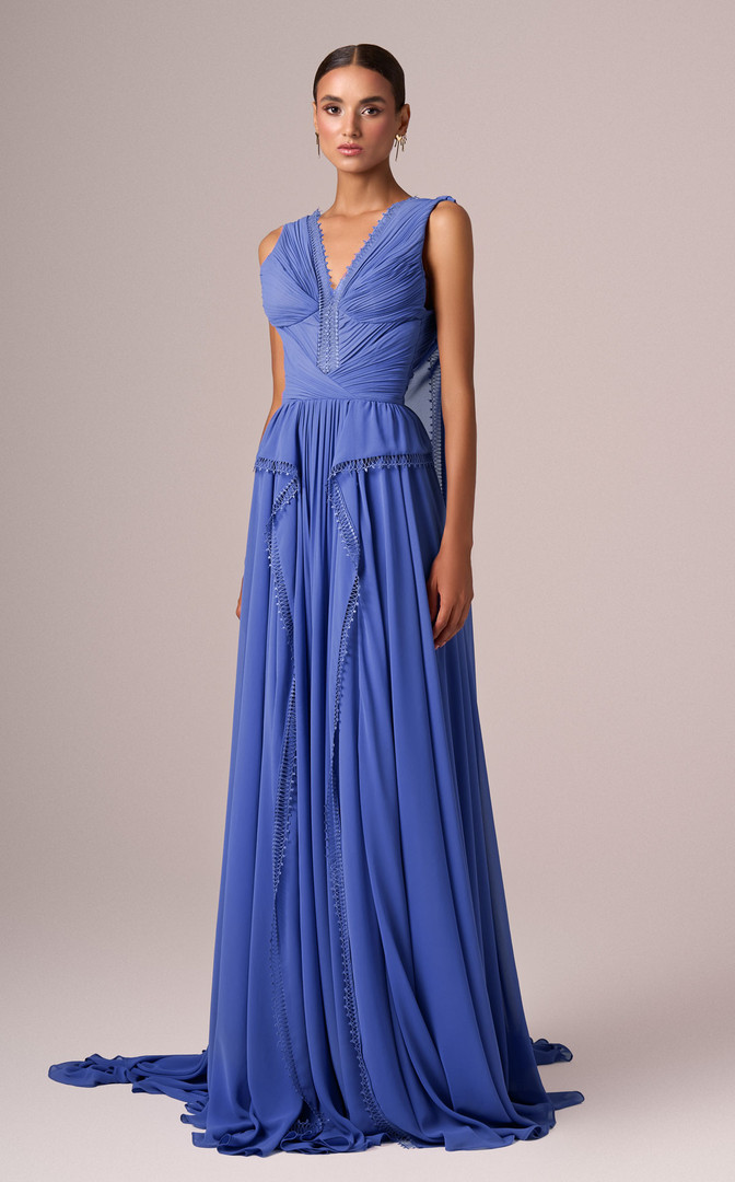 MNM Couture E0086 Chiffon V-Neck Sleeveless Pleating Gown