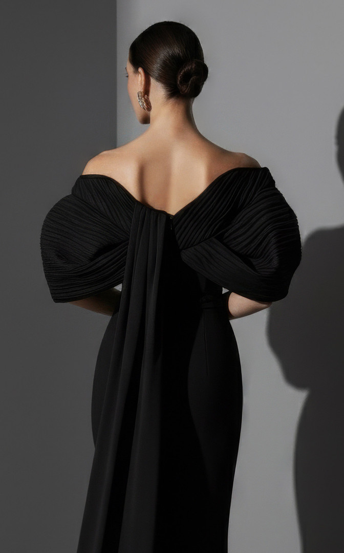 MNM Couture E0088 Rayon Crepe Scoop Neck Off-Shoulder Gown