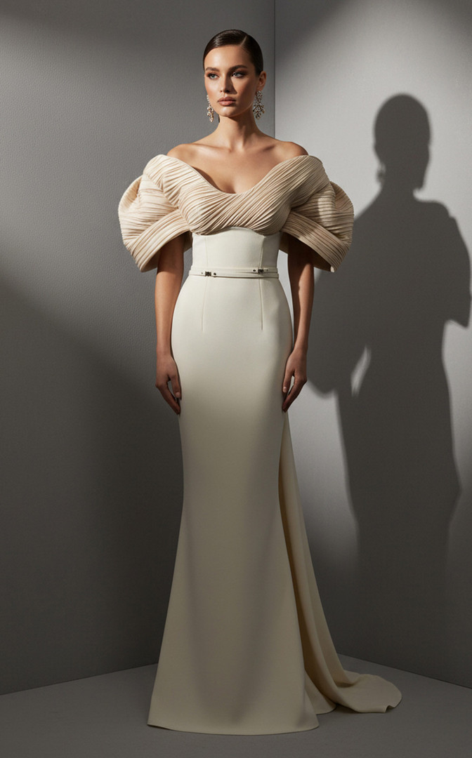 MNM Couture E0088 Rayon Crepe Scoop Neck Off-Shoulder Gown