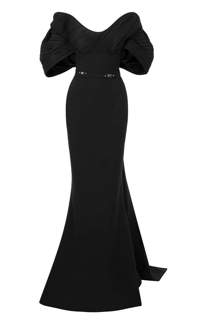 MNM Couture E0088 Rayon Crepe Scoop Neck Off-Shoulder Gown