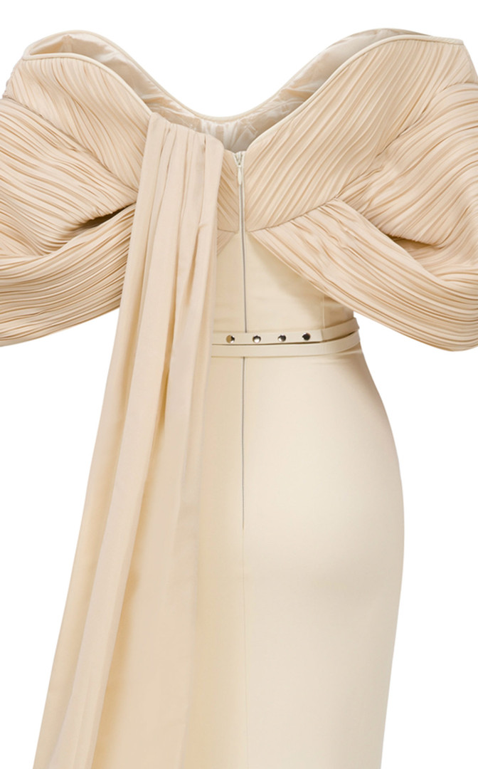 MNM Couture E0088 Rayon Crepe Scoop Neck Off-Shoulder Gown