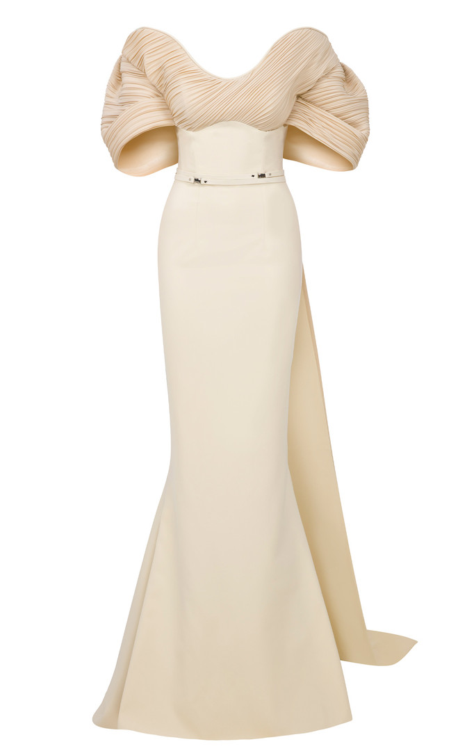 MNM Couture E0088 Rayon Crepe Scoop Neck Off-Shoulder Gown