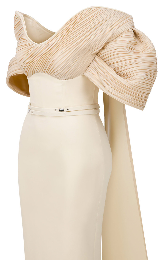 MNM Couture E0088 Rayon Crepe Scoop Neck Off-Shoulder Gown