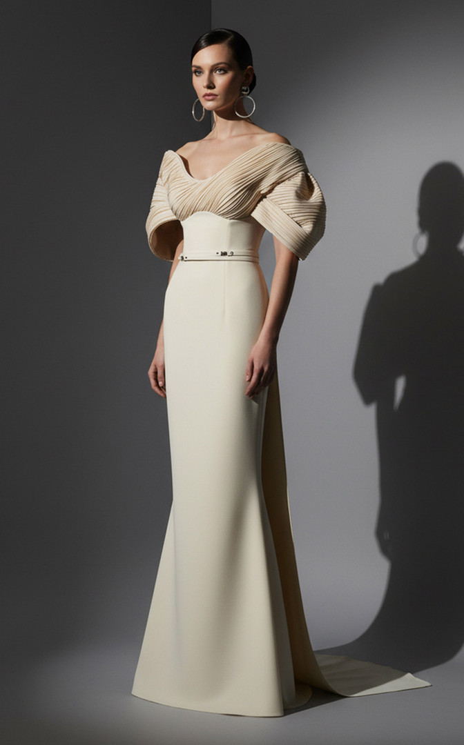 MNM Couture E0088 Rayon Crepe Scoop Neck Off-Shoulder Gown
