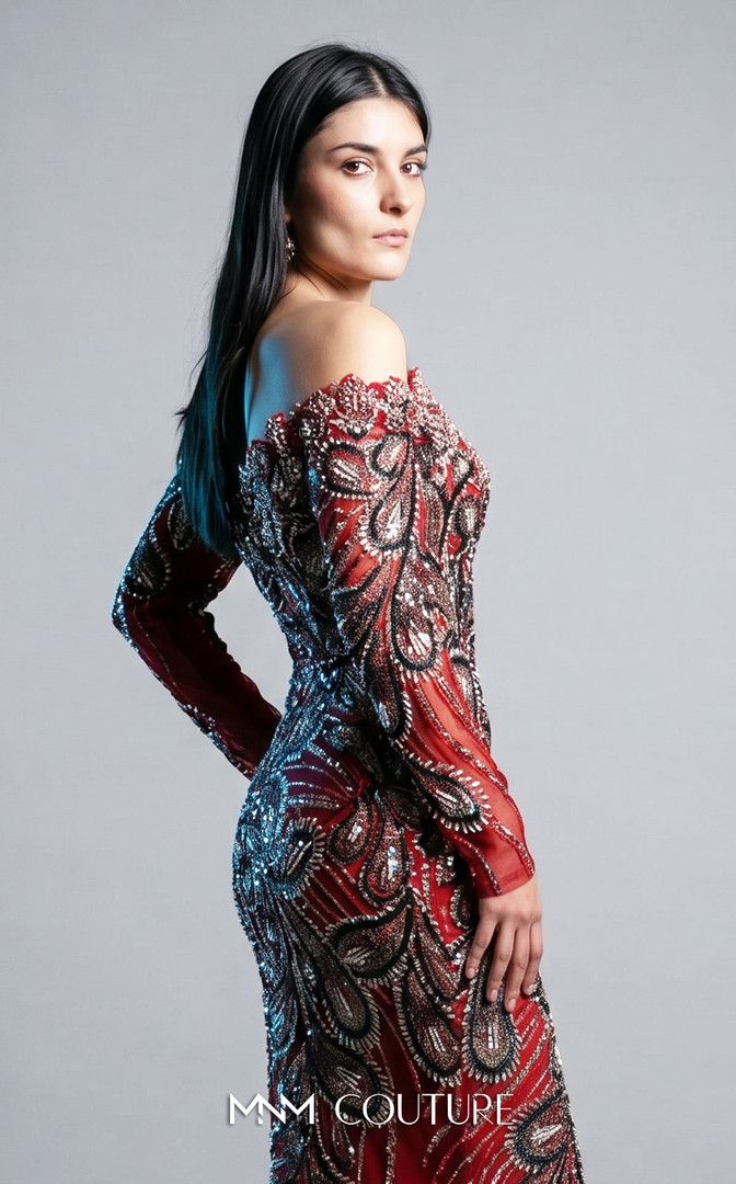 MNM Couture M1316 Illusion Mesh Off-shoulder Fitted Gown