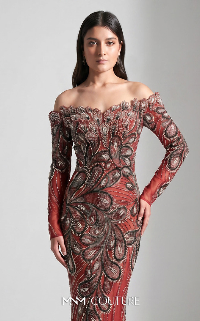 MNM Couture M1316 Illusion Mesh Off-shoulder Fitted Gown