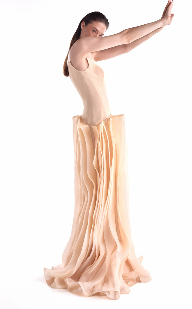MNM Couture G2100 Sculpted Crepe Deep-V Cut Strapless Gown