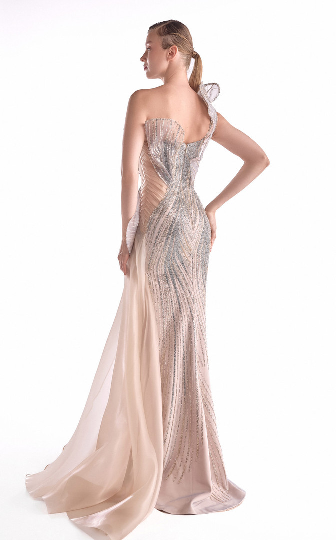 MNM Couture G2101 Lace Metallic Embroidery Asymmetrical Gown