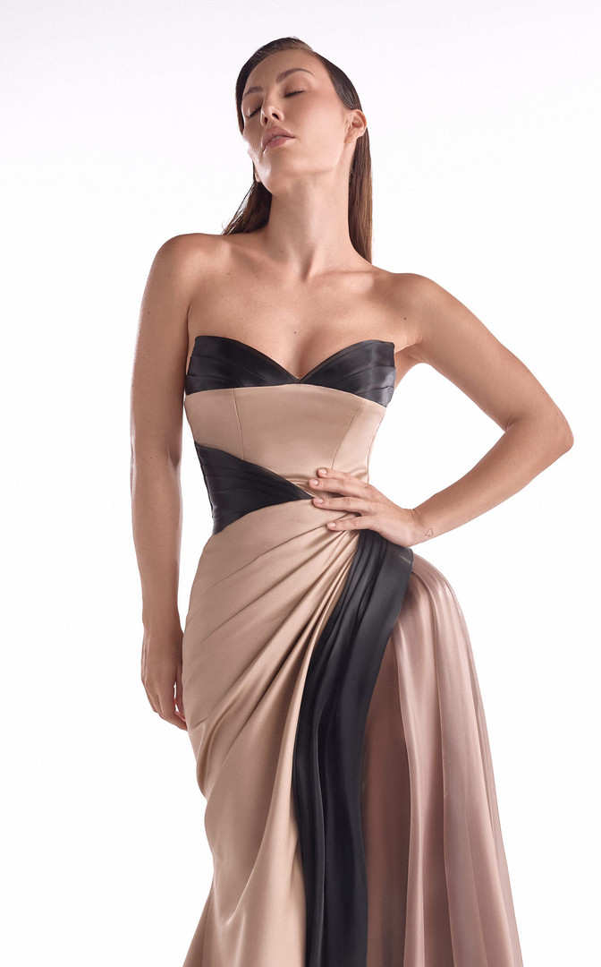 MNM Couture G2102 Luxe Satin Liquid Organza Strapless Gown