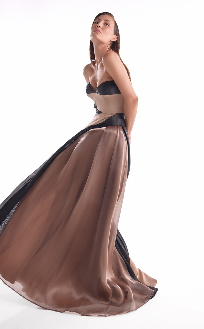 MNM Couture G2102 Luxe Satin Liquid Organza Strapless Gown