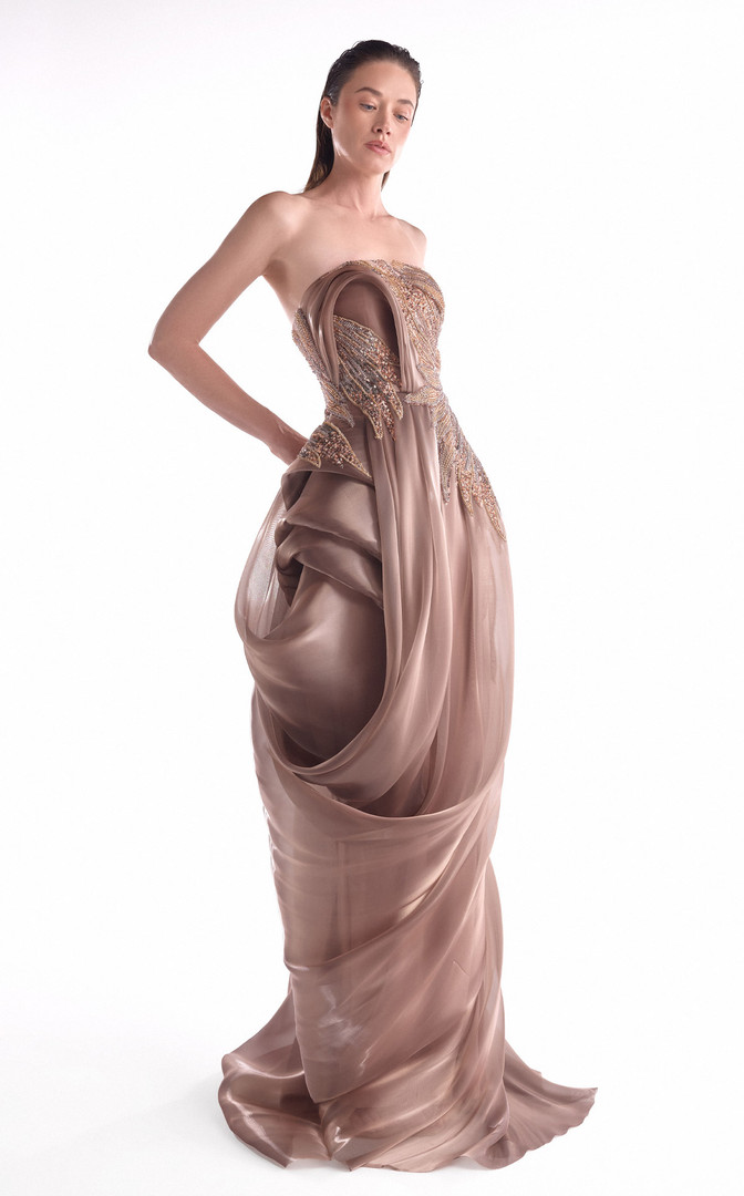 MNM Couture G2103 Liquid Organza Strapless Evening Gown