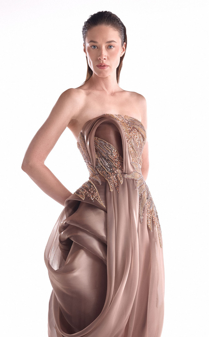 MNM Couture G2103 Liquid Organza Strapless Evening Gown