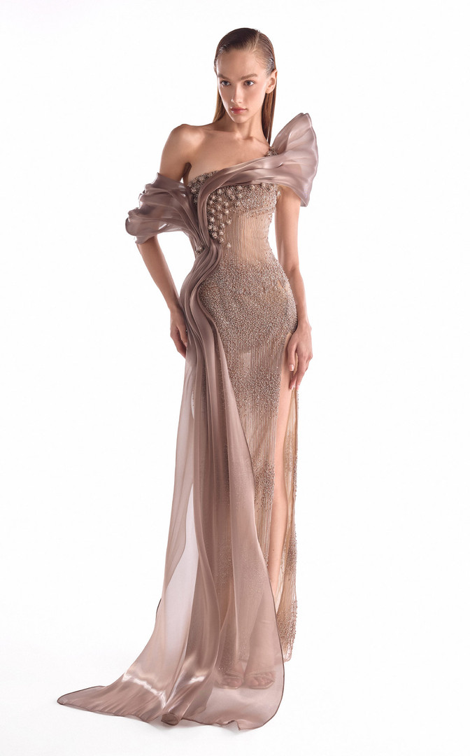 MNM Couture G2105 Sequin Tulle Beaded Off-Shoulder Gown