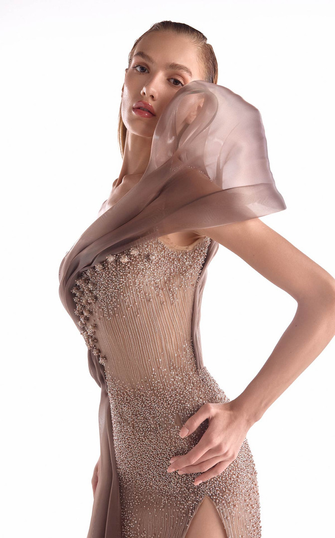 MNM Couture G2105 Sequin Tulle Beaded Off-Shoulder Gown