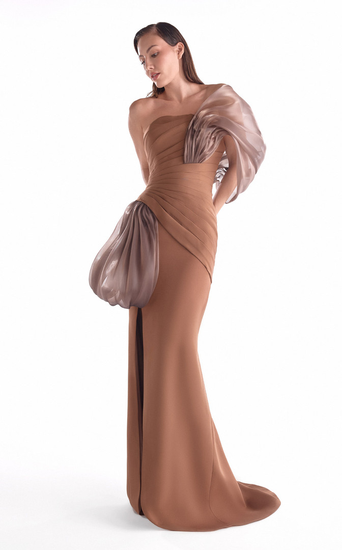 MNM Couture G2106 Chiffon Crepe Organza Off-Shoulder Gown