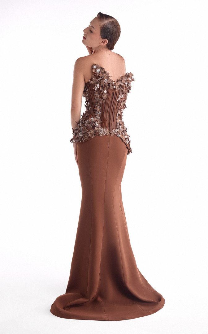 MNM Couture G2108 Satin Lace 3D Floral Strapless Corset Gown