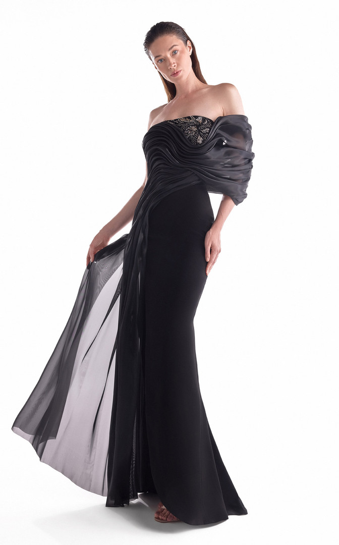 MNM Couture G2111 Satin Strapless Draped Off-Shoulder Gown