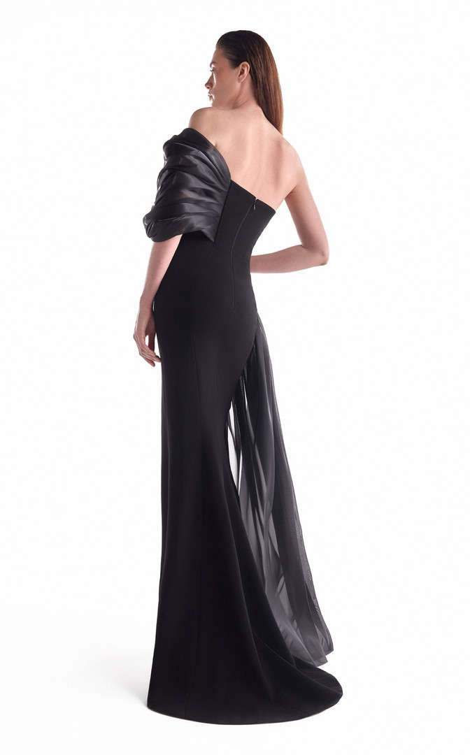 MNM Couture G2111 Satin Strapless Draped Off-Shoulder Gown