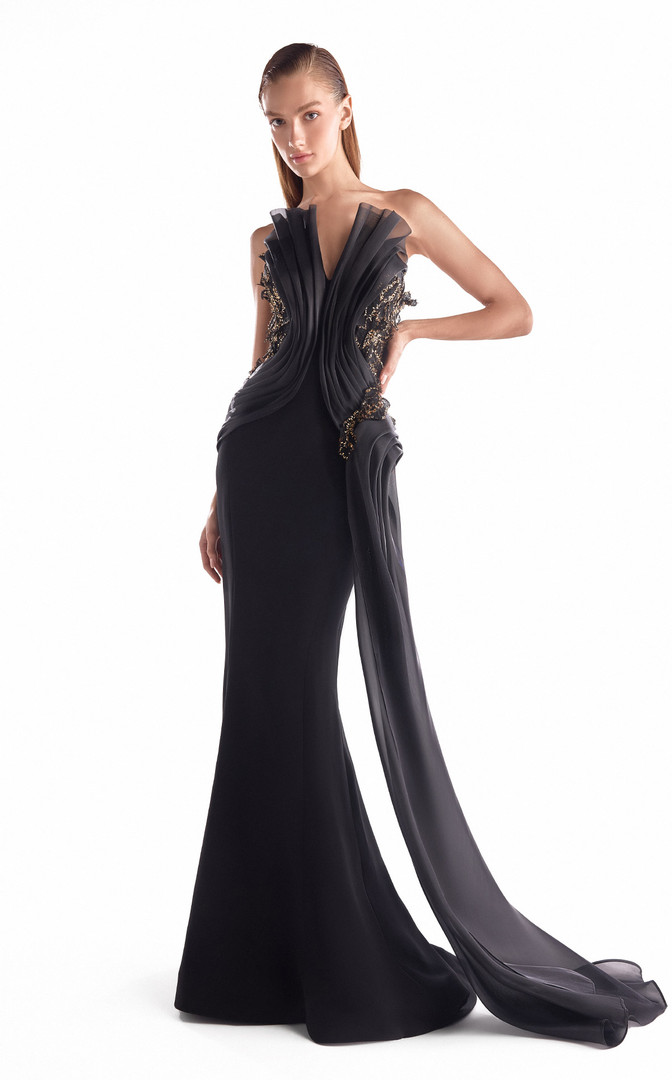 MNM Couture G2113 Satin Lace Beaded V-Neck Strapless Gown