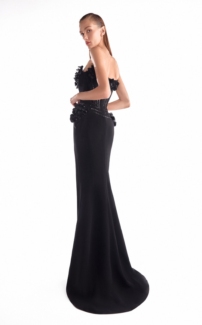 MNM Couture G2115 Satin Velvet Beaded Floral Strapless Gown