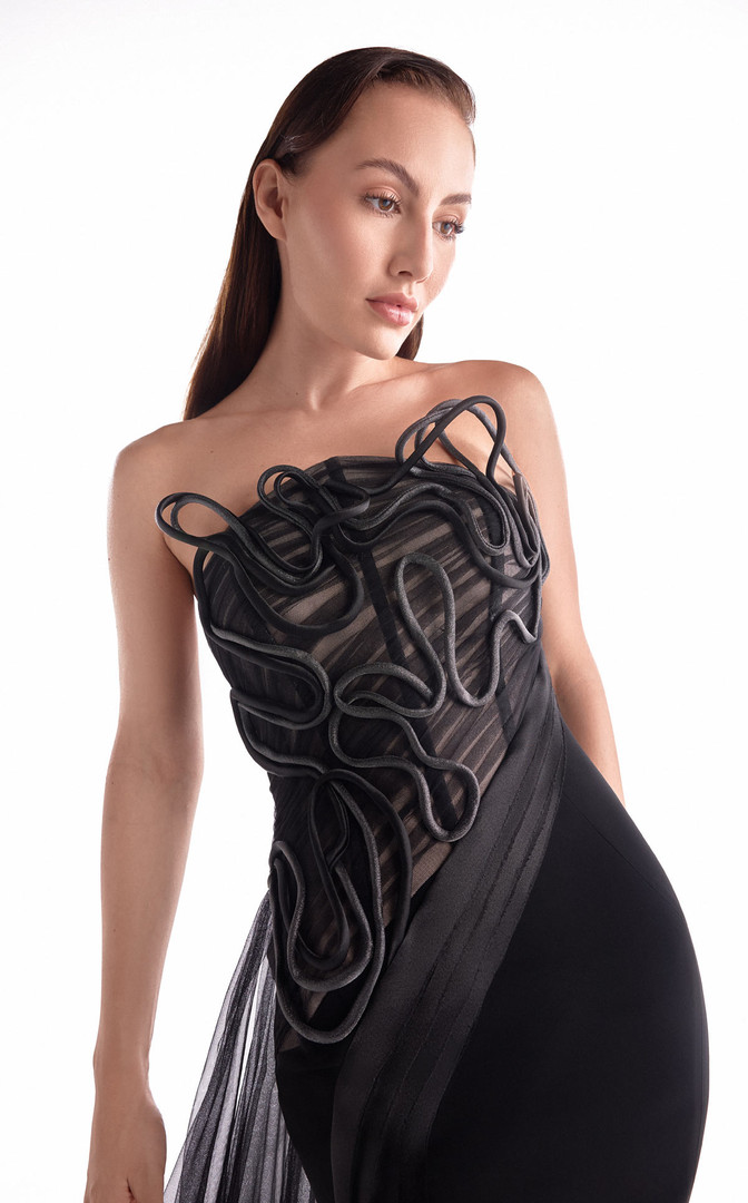 MNM Couture G2116 Satin Tulle Corded Illusion Strapless Gown