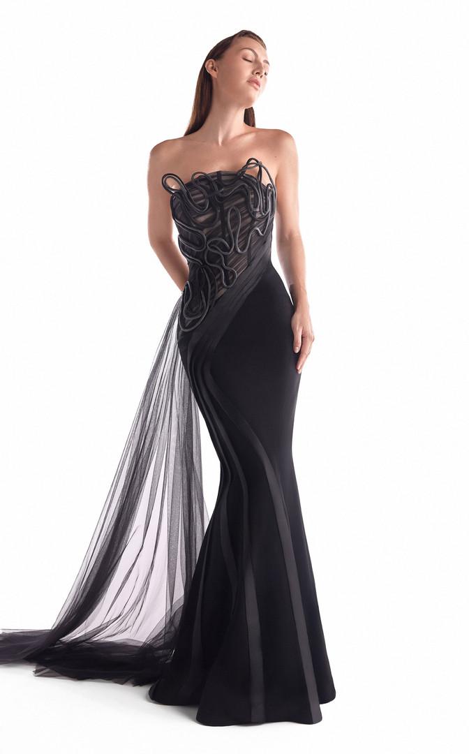 MNM Couture G2116 Satin Tulle Corded Illusion Strapless Gown