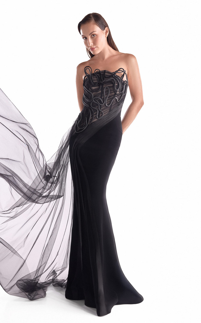 MNM Couture G2116 Satin Tulle Corded Illusion Strapless Gown