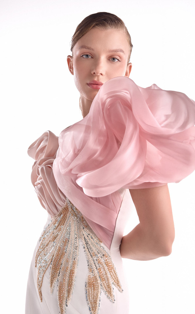 MNM Couture G2120 Satin Embellished Blooming Shoulders Gown