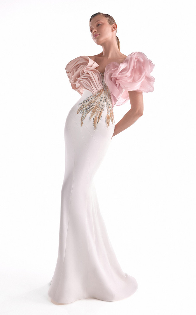 MNM Couture G2120 Satin Embellished Blooming Shoulders Gown