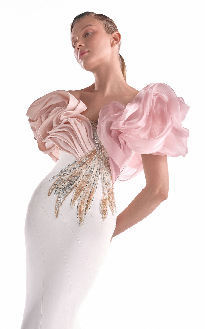 MNM Couture G2120 Satin Embellished Blooming Shoulders Gown