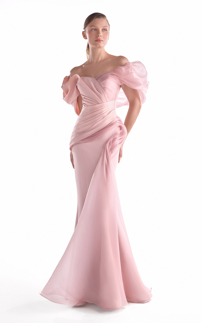 MNM Couture G2125 Satin Chiffon Off-Shoulder Draping Gown
