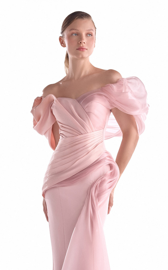 MNM Couture G2125 Satin Chiffon Off-Shoulder Draping Gown