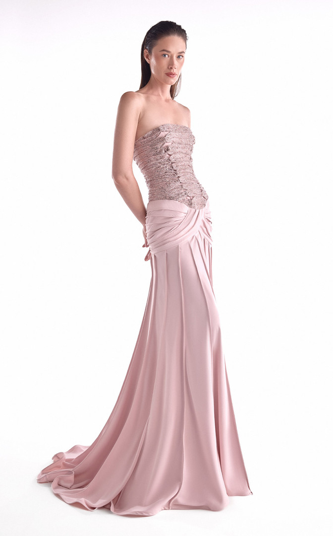 MNM Couture G2129 Satin Sequined Lace Beaded Strapless Gown