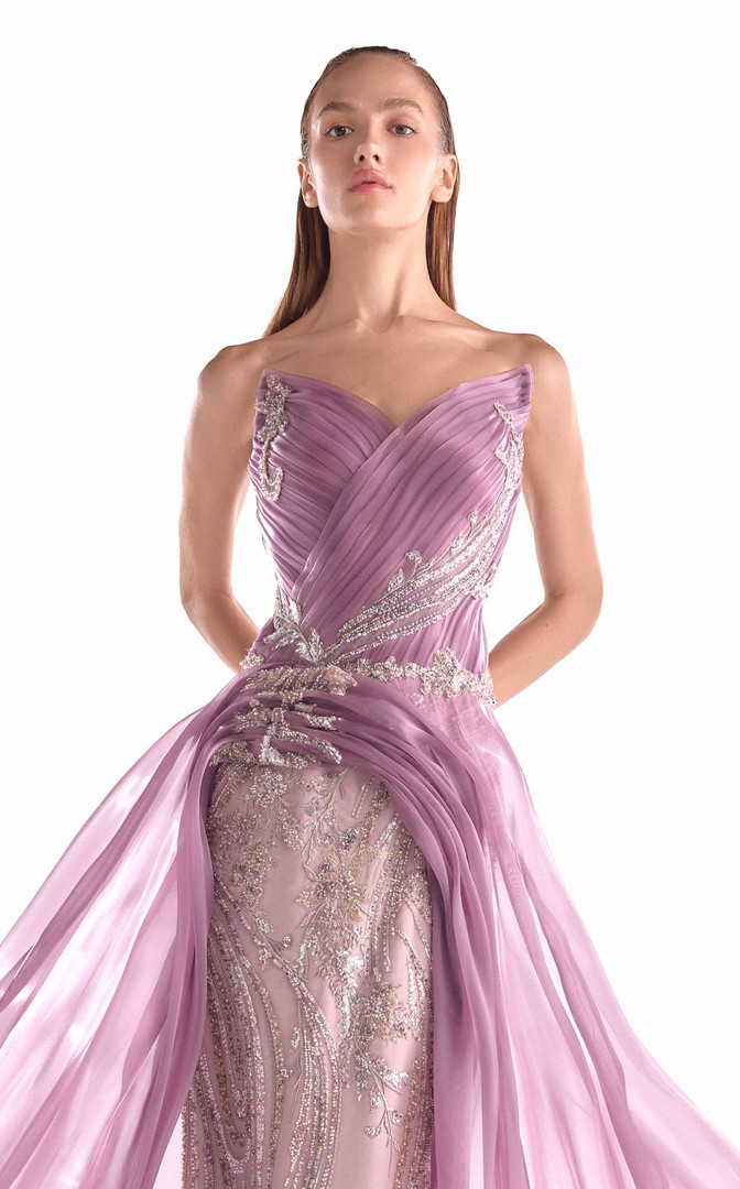 MNM Couture G2131 Satin Chiffon Floral Lace Strapless Gown