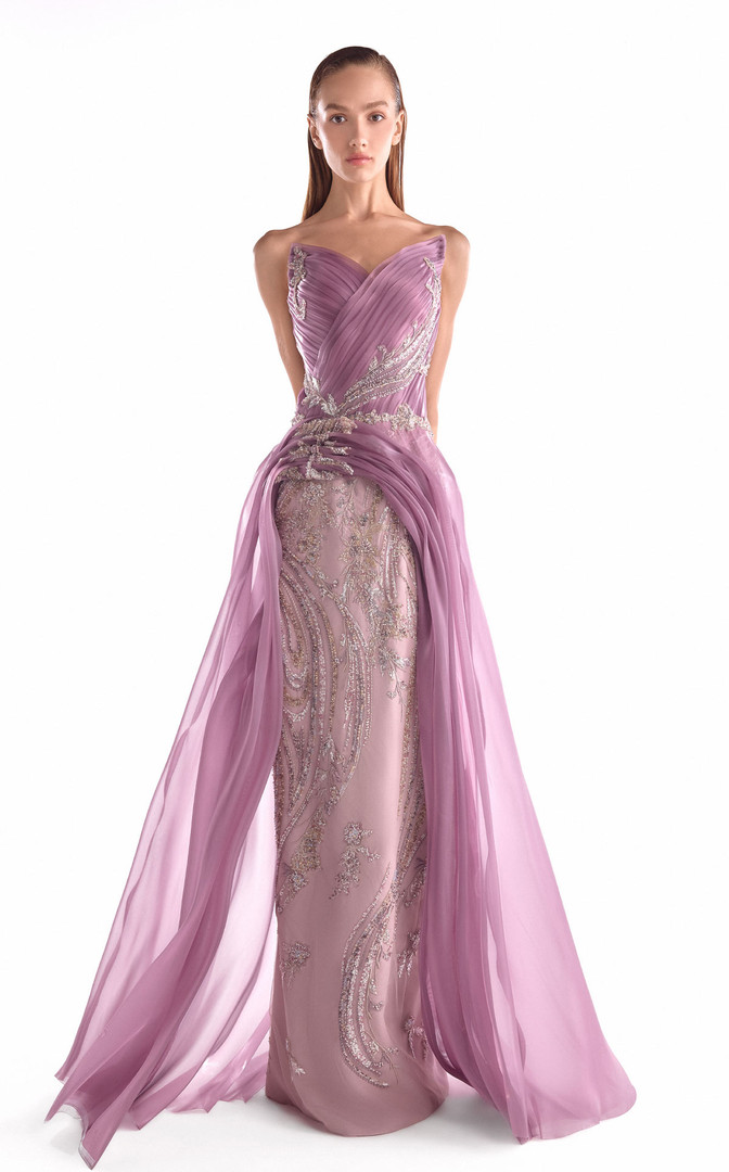 MNM Couture G2131 Satin Chiffon Floral Lace Strapless Gown