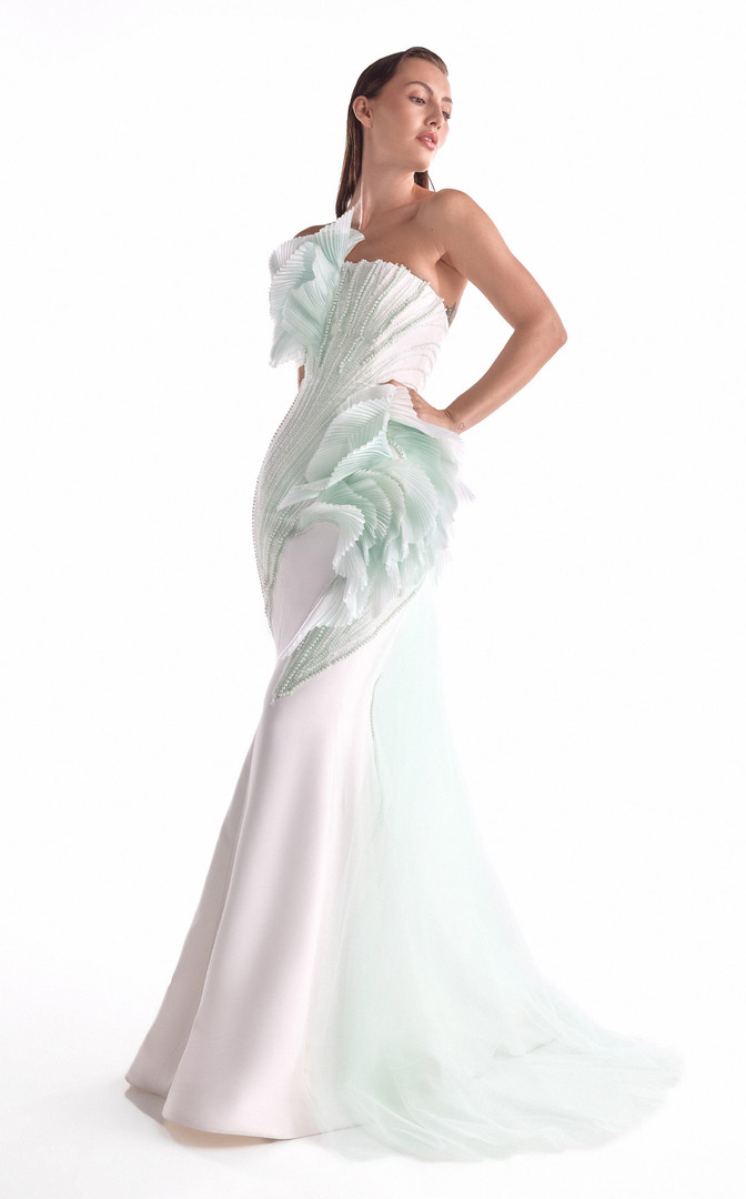 MNM Couture G2135 Satin Tulle Beaded Ruffles Strapless Gown